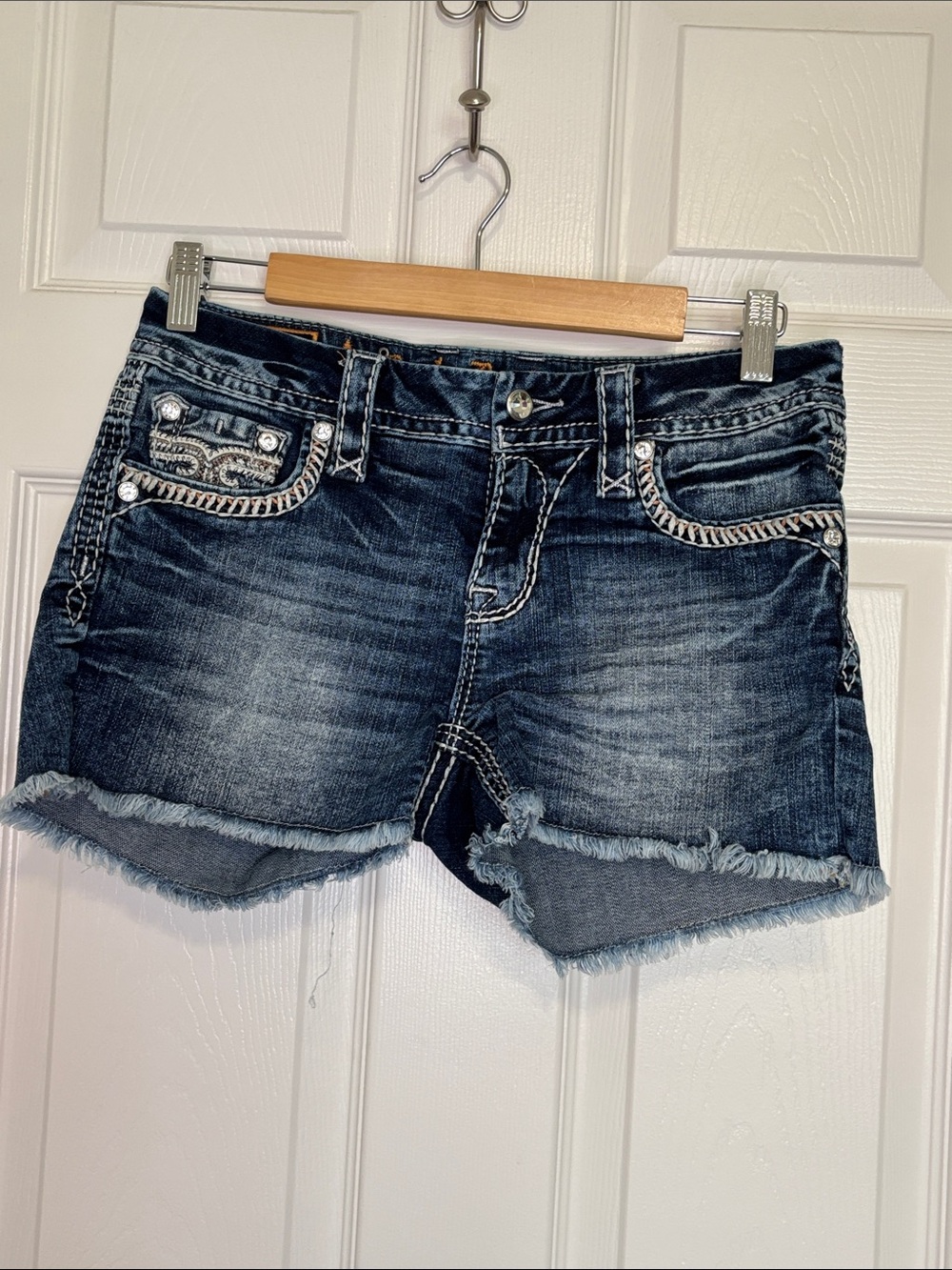 Rock Revival Dark Blue Distressed Denim Shorts with Frayed Hem Size 27